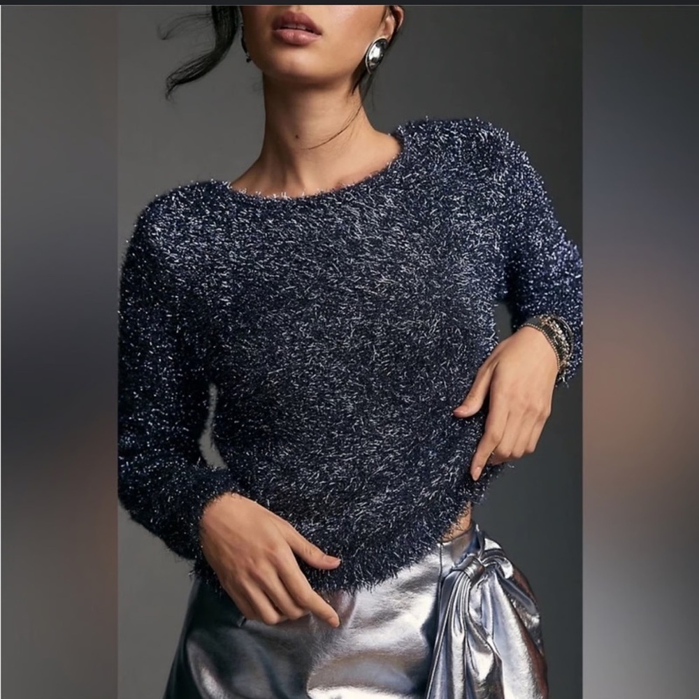 Anthropologie navy blue, metallic, eyelash, fuzzy sweater